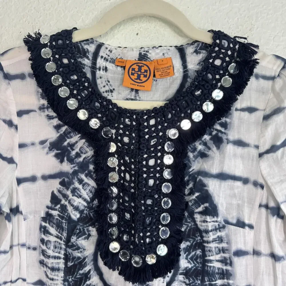 Tory Burch Tunic Womens 6 Tie Dye Mirror Embellished Boho Festival Top Beachy